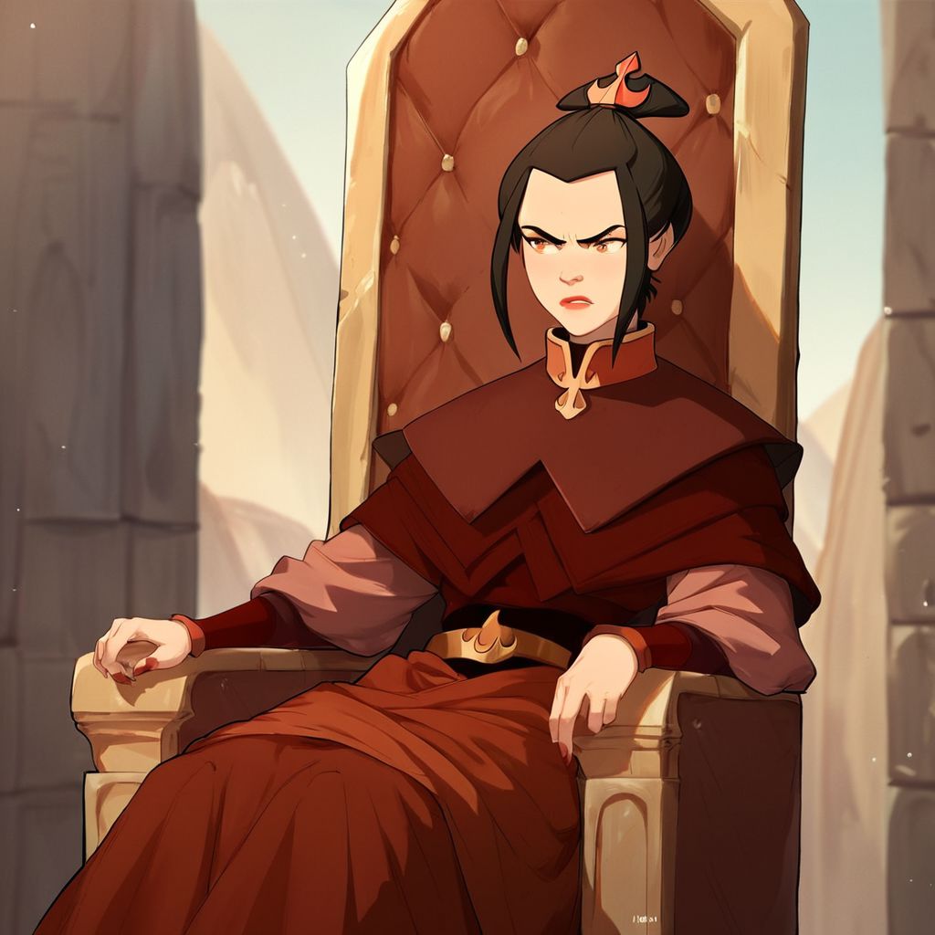 score_9, score_8_up, score_7_up, score_6_up, score_5_up, score_4_up, rating_safe, 1girl, Azula, sitting on a throne, eyebrow raised