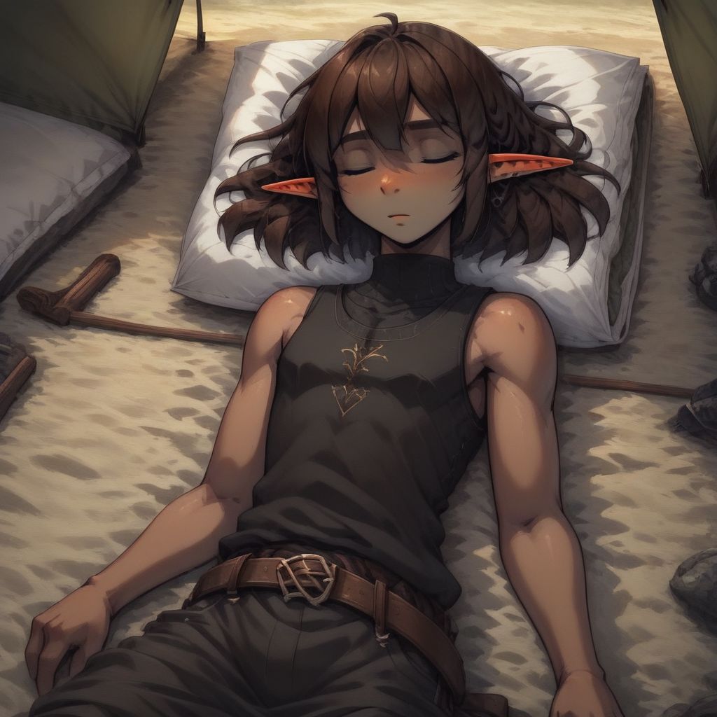 ASCIILapanya, 1 person, pointy ears, 3 fingers 1 thumb, snout nose, flat chest, small nostrils
3/4 view, close-up 
olive-tone skin, tall, square jaw, violet irises, dark brown hair, straight bob haircut parted in the middle, athletic build
fully clothed, black sleeveless tunic, brown breeches, belt 
((Laying down, inside tent, sleeping))
outdoors 
clean lines, highly detailed, high quality, best quality,  rating: safe