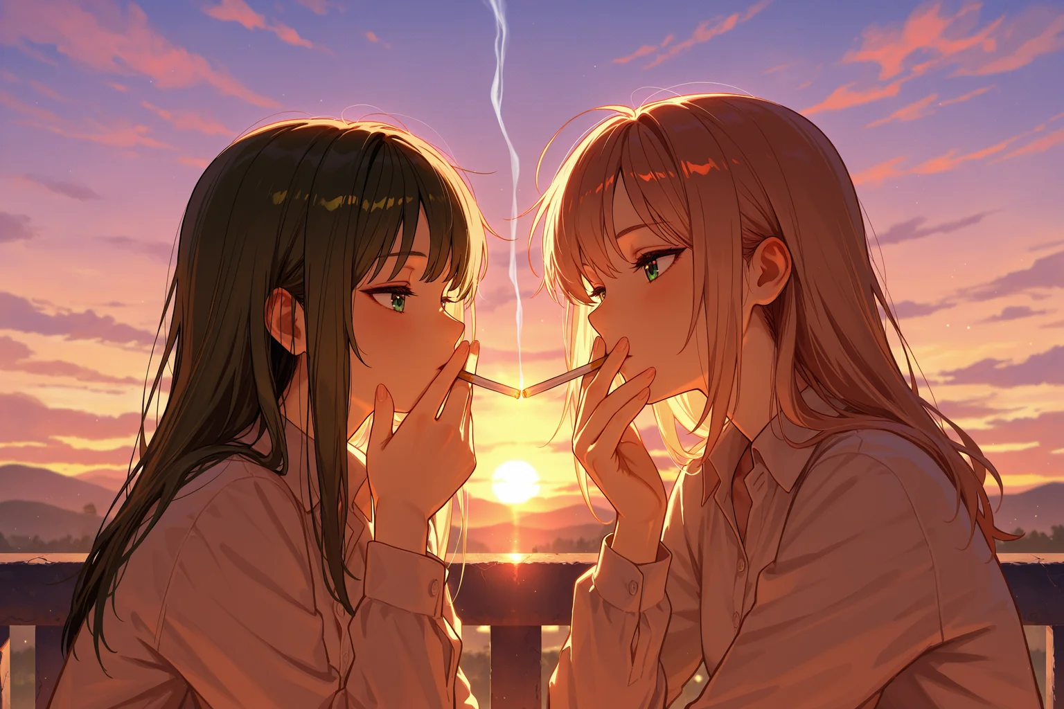 masterpiece, best quality, absurdres, safe
2girls, cigarette kiss, holding cigarette, smoking, sunset
<lora:cigarette_kiss_il_2_v4_d32_final:1>