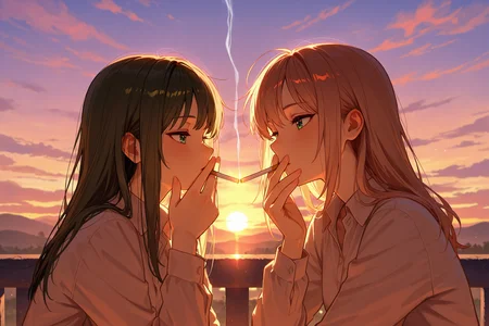masterpiece, best quality, absurdres, safe
2girls, cigarette kiss, holding cigarette, smoking, sunset
<lora:cigarette_kiss_il_2_v4_d32_final:1>
