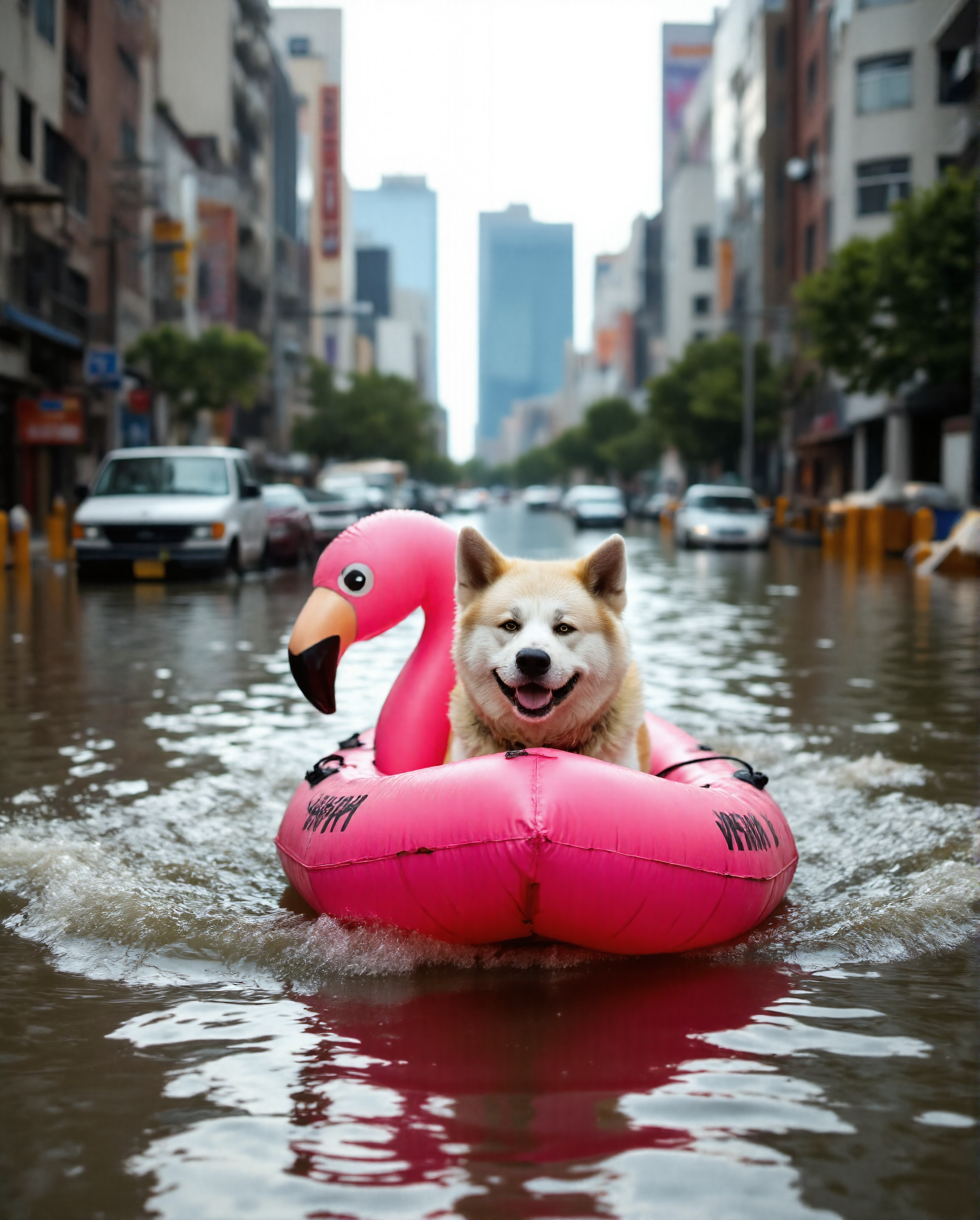 Imagine an image in the style of cinematic photorealism: A joyful Akita Inu dog named Yujin, happily navigating the flooded city streets in a pink flamingo inflatable boat. Yujin is smiling contentedly as he passes by half-submerged vehicles and debris. The boat's wake creates ripples that distort the reflection of a distant, partially flooded skyscraper., <lora:flux\personas\YujinLiz.safetensors:1.0:1.0> <lora:flux\estilos\Flooded_Streets_Flux.safetensors:1.0:1.0> <lora:flux\estilos\PCB_Image_Enhancer_for_FLUX.safetensors:1.0:1.0>
