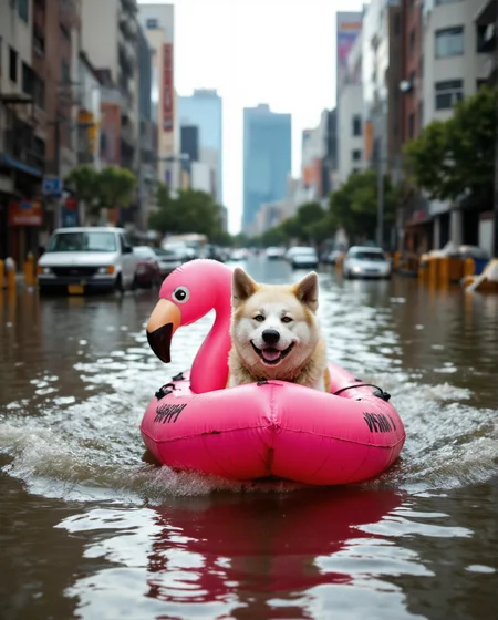 Imagine an image in the style of cinematic photorealism: A joyful Akita Inu dog named Yujin, happily navigating the flooded city streets in a pink flamingo inflatable boat. Yujin is smiling contentedly as he passes by half-submerged vehicles and debris. The boat's wake creates ripples that distort the reflection of a distant, partially flooded skyscraper., <lora:flux\personas\YujinLiz.safetensors:1.0:1.0> <lora:flux\estilos\Flooded_Streets_Flux.safetensors:1.0:1.0> <lora:flux\estilos\PCB_Image_Enhancer_for_FLUX.safetensors:1.0:1.0>