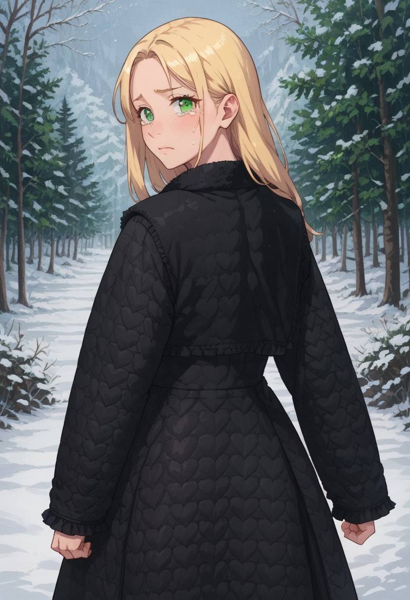 score_9, score_8_up, score_7_up, source anime,
masterpiece, best quality, detailed, amazing quality,
detailed background, winter, snow, winter forest,
detailed eyes, clean eyes,
dynamic pose, looking back at viewer, from behind,
solo, 1girl, 
easynegative, 
long hair, blonde hair, green eyes,
tears in eyes,
quilt_coat, black coat,