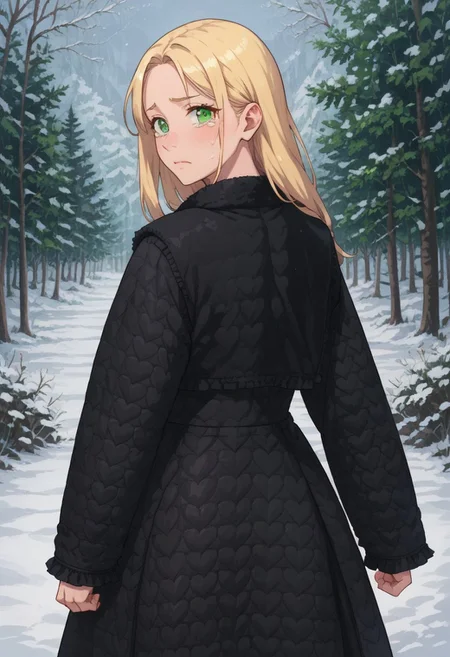 score_9, score_8_up, score_7_up, source anime,
masterpiece, best quality, detailed, amazing quality,
detailed background, winter, snow, winter forest,
detailed eyes, clean eyes,
dynamic pose, looking back at viewer, from behind,
solo, 1girl,
easynegative,
long hair, blonde hair, green eyes,
tears in eyes,
quilt_coat, black coat,