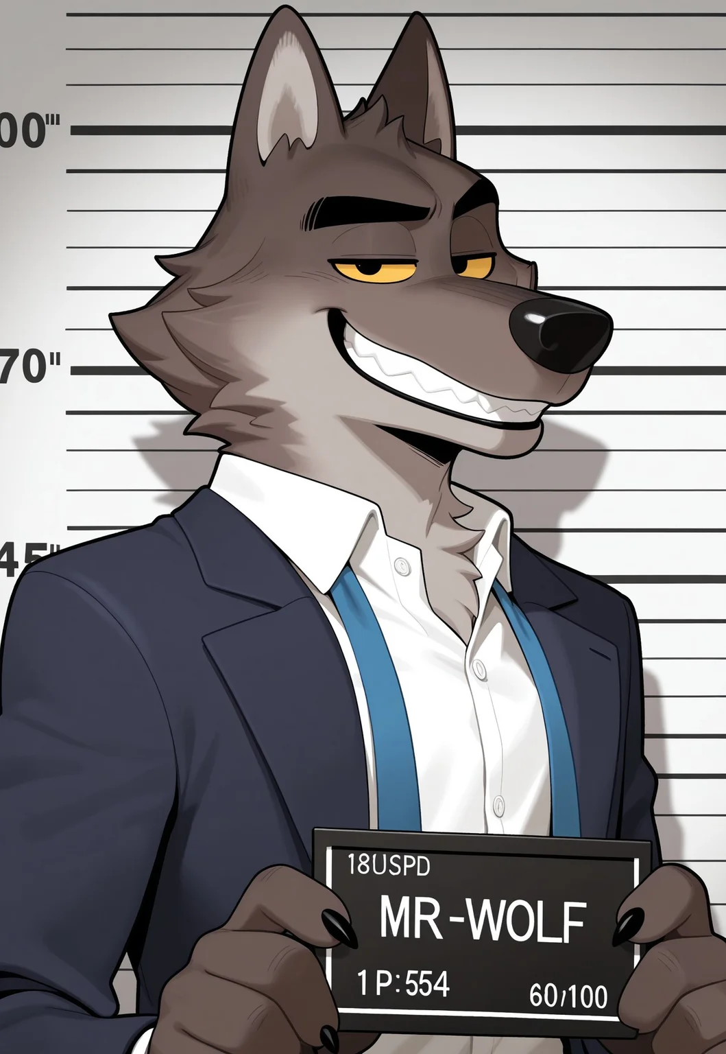 masterpiece, best quality, high quality, intricate details, black outline, holding, nameplate that says "Mr. Wolf", mugshot, side angle, upper body shot, MrWolf, wolf, Dark Blue Suit Shirt, White Shirt, undone necktie, blue necktie, looking at viewer, half closed eyes, grin, anthro male, yellow sclera, black eyes, black fingerclaws