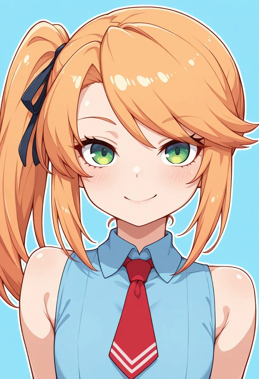 1girl,solo,cute,
katia, flat chest,slim, green eyes, light skin,long orange hair, loose hair, side ponytail, hair ribbon, swept bangs
,sleeveless dress, light blue dress, ribbon necktie, summer outfit, cute fashion
smirking, confident pose, playful expression
looking at viewer,portrait
Simple blue background,(soft focus:1.3),
masterpiece, amazing quality, best quality, ultra-detailed, 8K, illustration, CG, shiny hair, clear skin, ultra-detailed-eyes, eyelashes, highly detailed,