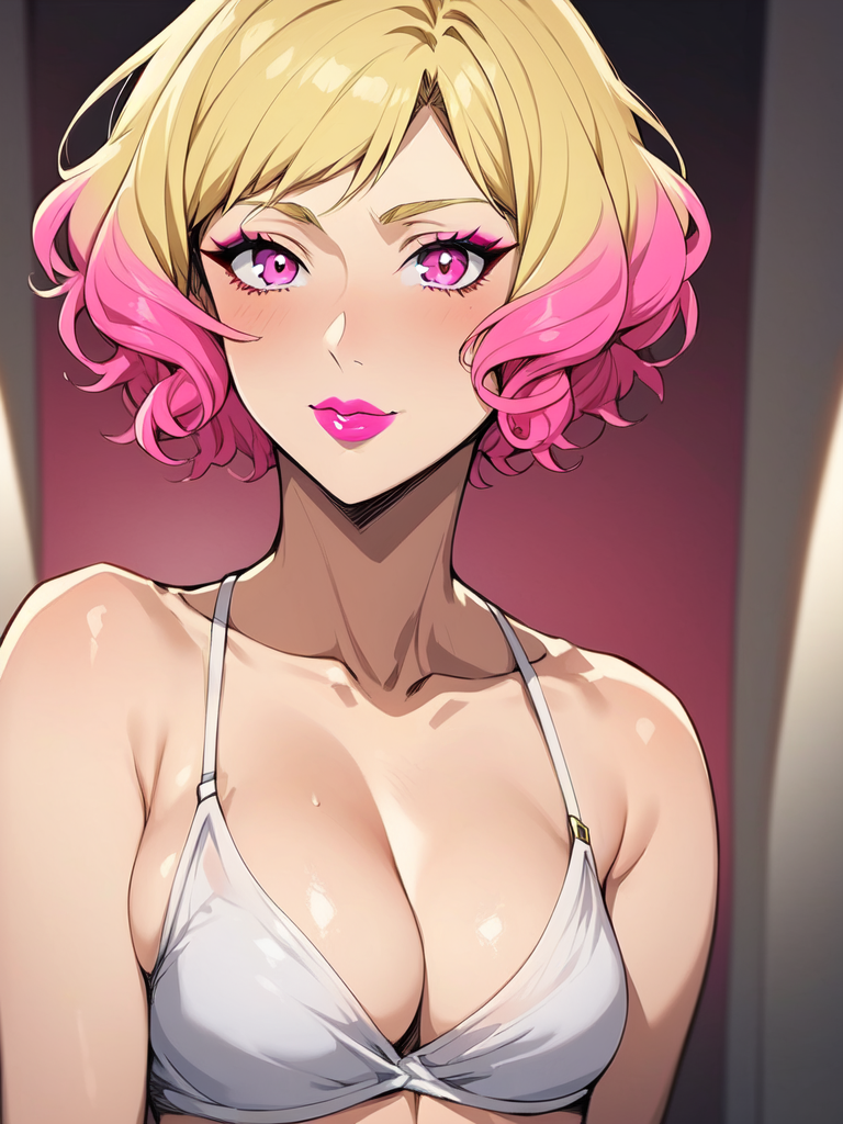 Sofia Louis, 1woman, source_anime, solo, (short hair, blonde hair, pink hair, multicolored hair, gradient hair), pink eyes, makeup, lipstick, pink eyes, blonde eyebrows, white_bikini