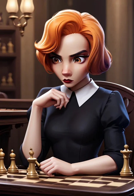 score 9, score 8, score 7, score 6, 1
girl, solo, bethh, upper body, sitting on a chair, sitting at a desk, looking a chess board on the table, focused, staring, black dress, collared dress, bethhb, orange hair, orange eyes, makeup, lipstick, lips, hands on table, looking down, holding a chess piece in her hand
tavern background,
small breasts, zPDXL, from the side,