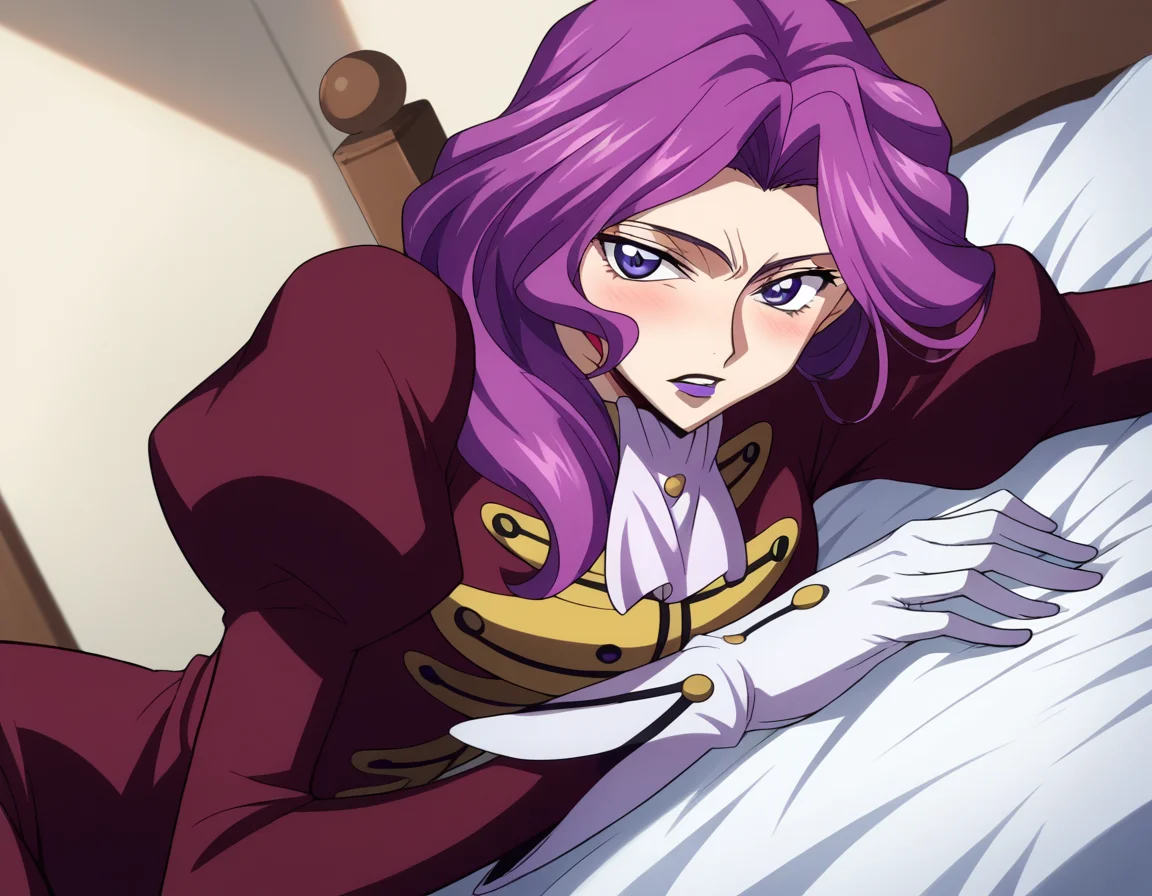 score_9, score_8_up, score_7_up, source_anime,
cornelialibritannia, <lora:cornellia-li-britannia-s1-ponyxl-lora-nochekaiser:1>
cornelia li britannia, purple eyes, purple hair,
ascot, gloves, juliet sleeves, lipstick, long sleeves, makeup, pants, puffy sleeves, purple lips, red pants, red shirt, shirt, white ascot, white gloves,
indoors, bed, bed room, on side, blush, drunk,
looking at viewer, dutch angle, cowboy shot, solo,