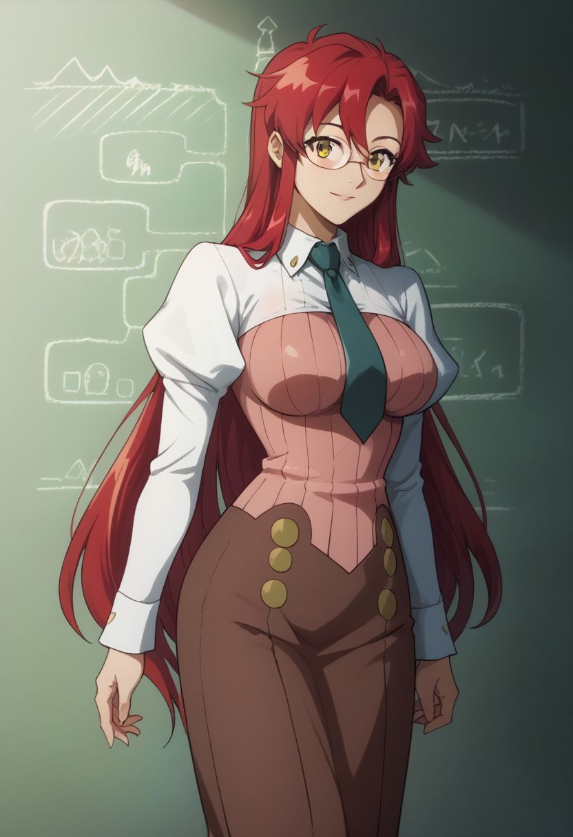 score_9, score_8_up, source_anime, highly detailed, 1girl, solo
yoko_teacher, 1girl, glasses, teacher, aged up, solo, long hair, red hair, necktie, long skirt, skirt, yellow eyes, hair down, high heels, very long hair, large breasts,u
indoor, upper body,