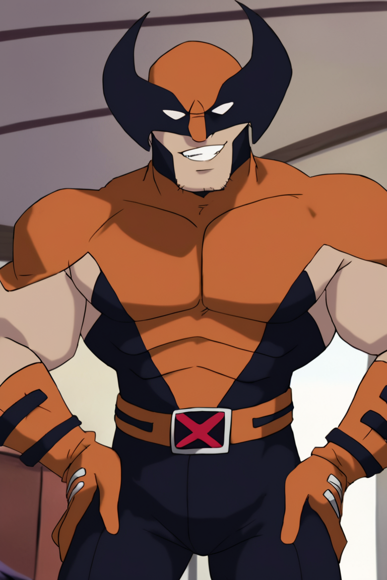 score_9, score_8_up, score_7_up, wolvevo, 1boy, solo, male focus, mature male, facial hair, stubble, bodysuit, orange bodysuit, black bodysuit, two-tone bodysuit, short sleeves, orange gloves, mask, covered eyes, white eyes, no pupils, belt, muscular, smile, grin, hands on own hip, looking at viewer, standing, portrait, upper body, indoors, living room <lora:Wolverine (Logan) X-Men Evolution (First Suit+Logan) v1.1 [LoRA] - Pony V6 XL:0.85>