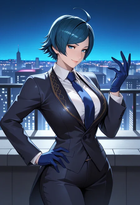 masterpiece, best quality, newest, absurdres, highres, <lora:ElisabethBKOFIllustrious:1>, LIBLXV, blue eyes, blue hair, short hair, ahoge, seductive smile, hand on own hip, suit jacket, white shirt, collared shirt, suit pants, large breasts, looking at viewer, rooftop, cityscape, night, adjusting own gloves, blue gloves, 1girl, solo,