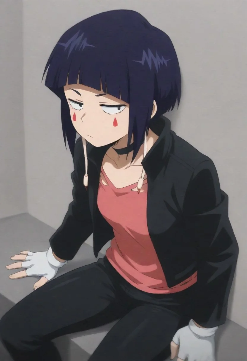 masterpiece, best quality, amazing quality,,, shiny skin,,,,,, <lora:IlluJirou:1> illujiro, short hair, bangs, long earlobes, purple hair, black hair, black eyes, facial mark, black jacket, collarbone, choker, white gloves, fingerless gloves, pants, pink shirt,