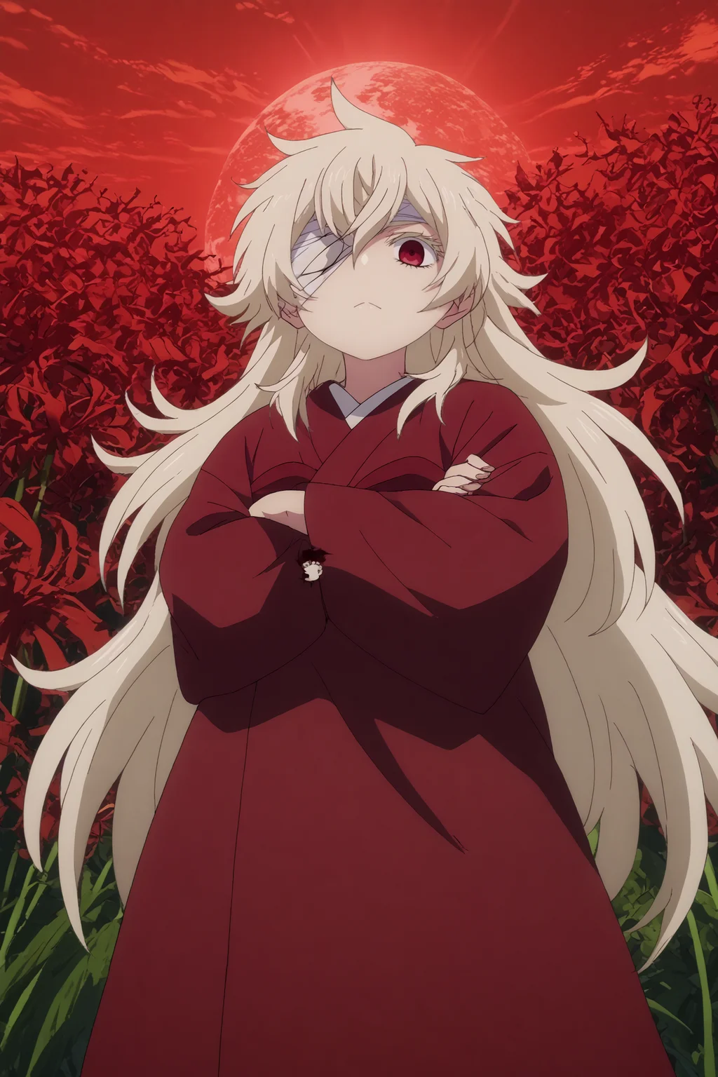 haine,1girl,solo,japanese clothes,kimono,sash,long hair,very long hair,looking at viewer,hair between eyes,red kimono,emotionless,bandages,eyepatch,crossed arms,from below,cowboy shot BREAK outdoors,red sky,crescent_moon,spider lily flower field, red flower wreath,moon <lora:Haine_-_Summer_Time_Rendering.safetensors:0.8> <lora:detailed_backgrounds_v2.safetensors:0.5> <lora:Spiderlily.safetensors:0.8>