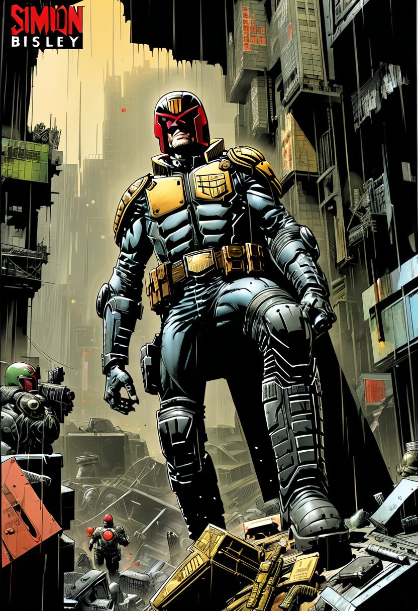 score_9, source_comic, (Part 1 above, Part 2 below) BOOK OF THE SIMON BISLEY, art station, BANDE DESSINÉE story transcription, full color. (Judge Dredd),vector