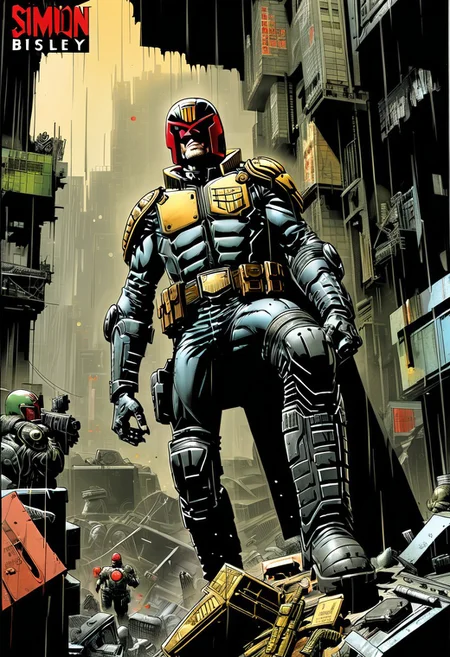 score_9, source_comic, (Part 1 above, Part 2 below) BOOK OF THE SIMON BISLEY, art station, BANDE DESSINÉE story transcription, full color. (Judge Dredd),vector