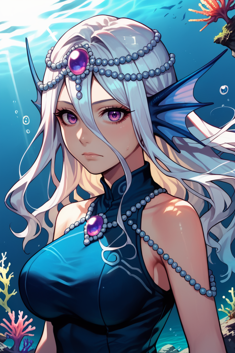 score_9, score_8_up, score_7_up, score_6_up, source anime, BREAK,<lora:Emelone:0.70> , emdef, 1girl, purple eyes, long hair, hair between eyes, white hair, head fins, blue top, jewelry, beads, pearl (gemstone), (portrait) looking at viewer, expressionless, closed mouth, serene, large breasts, (mature woman), <lora:zy_Detailed_Backgrounds_v1:0.4> , detailed background, highly detailed, <lora:Fant5yP0ny:0.7>,  exterior, underwater village, village, (palace), coral reef, ocean,<lora:Underwater:0.4> , Underwat3r, Underwater, submerged, ocean, bubbles, sunlight, god rays, perfect hands,