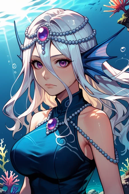 score_9, score_8_up, score_7_up, score_6_up, source anime, BREAK,<lora:Emelone:0.70> , emdef, 1girl, purple eyes, long hair, hair between eyes, white hair, head fins, blue top, jewelry, beads, pearl (gemstone), (portrait) looking at viewer, expressionless, closed mouth, serene, large breasts, (mature woman), <lora:zy_Detailed_Backgrounds_v1:0.4> , detailed background, highly detailed, <lora:Fant5yP0ny:0.7>, exterior, underwater village, village, (palace), coral reef, ocean,<lora:Underwater:0.4> , Underwat3r, Underwater, submerged, ocean, bubbles, sunlight, god rays, perfect hands,