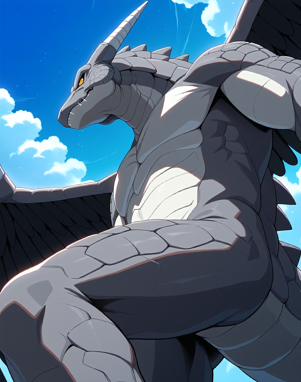 8K, In'ei, chiaroscuro, volumetric lighting, perfect depth of field shot, masterpiece, beautiful, sharp focus, crisp details, masterclass animation, source_anime, source_furry, furry_art, 
<lora:Stone_Dragon_(Monster_Rancher)_(Illustrious)_(AD):1.15> Stone Dragon, Monster Rancher, dragon, 
exterior, solo, grey body, dutch angle, end boss, villain, powerful, tough, boxy squared head, blue green gradient sky with clouds, chest focus, sfw, side view, hips, bent leg, wings, head turned to viewer to smile, 
EZRealPONYXL, zPDXL, Smooth Quality, lazynsfw,
