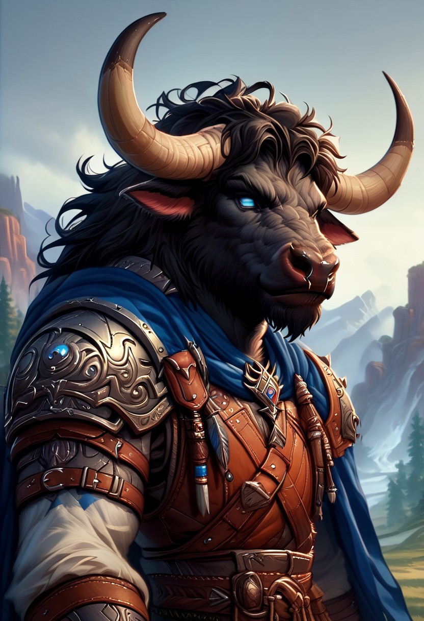 Solo, portrait, male, Minotaur, blue eyes, black hair, black fur, black body, smirk, leather armor, warlock armor, blue cape, curved bull horns, bull tail, anthro bull