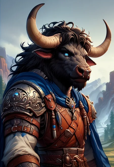Solo, portrait, male, Minotaur, blue eyes, black hair, black fur, black body, smirk, leather armor, warlock armor, blue cape, curved bull horns, bull tail, anthro bull