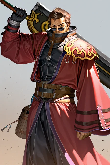score_9, score_8_up, score_7_up, score_6_up, auron, solo, brown hair, 1boy, weapon, male focus, belt, sword, facial hair, sunglasses, huge weapon, realistic,
masterpiece, best quality, absurdres, newest, perfect quality, best quality, absolutely eye-catching, details, intricate details