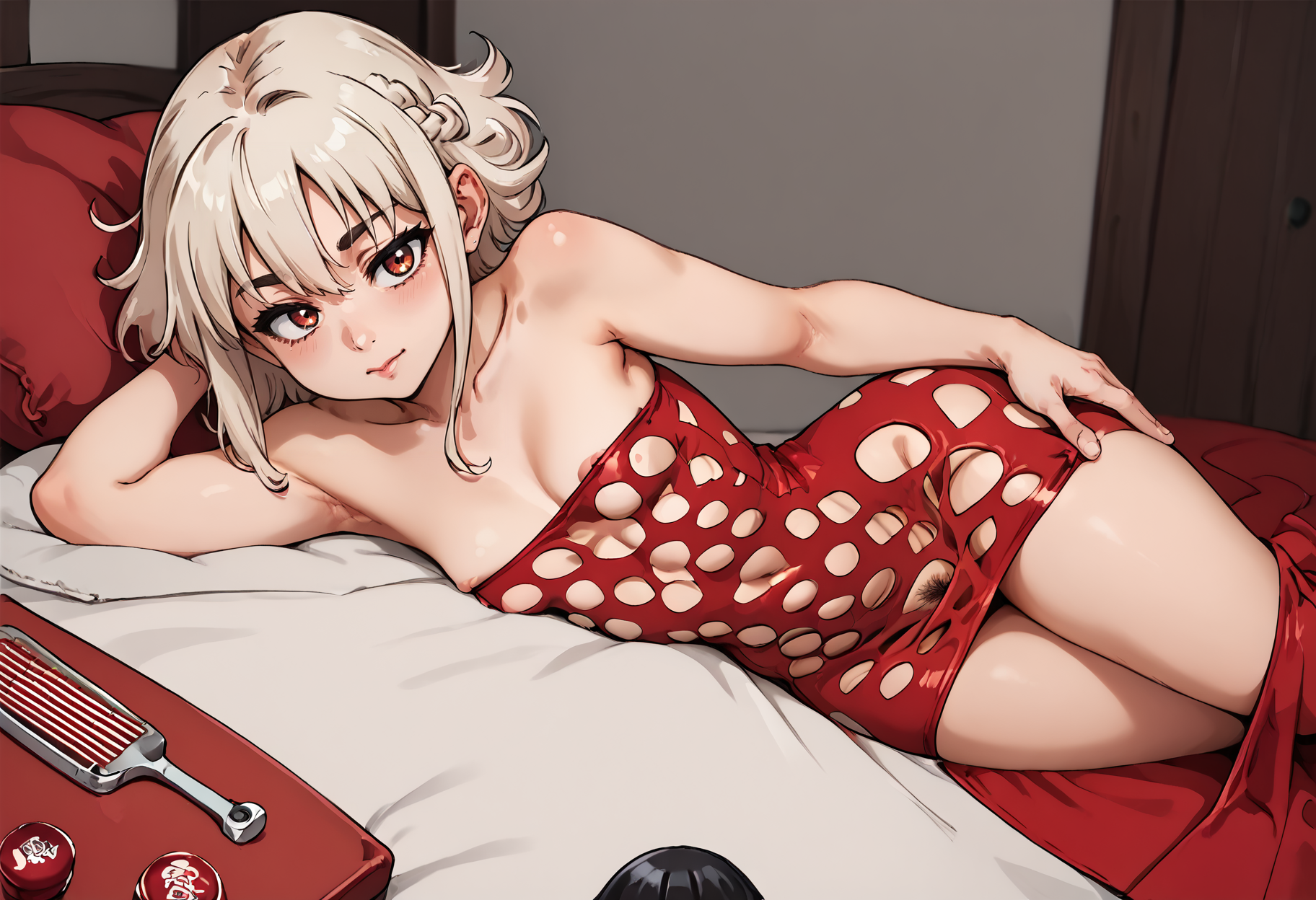 score_9, score_8_up, score_7_up, uncensored, 
<lora:Neromashin Style_FinalVersion:1>
1girl,pov, 
on side, 
Comb-Over with Tapered Sides and, Goldenrod hair, 
small breasts, curvy,
Strapless_Pothole_Tube_Dress_SKNSFW, Cherry Cola dress, skindentation, 
pubic hair, 
indoors, Storage Bed
 <lora:Strapless_Pothole_Tube_Dress_SKNSFW_epoch_4:0.9>