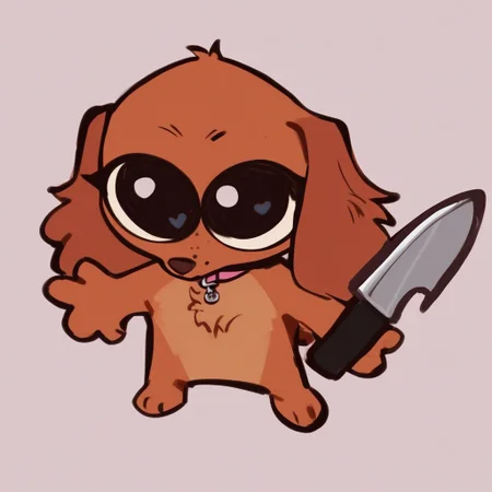 score_9, score_8_up, score_7_up, score_6_up, 
mikus-concept, full body, big eyes, chibi, 1girl, solo, Cherruby Irish setter, female, anthro, dog, pink collar, naked, holding knife, simple background