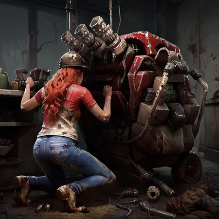 score 9, score 8, score 7, 1girl, solo, working on a generator, generator, red generator, object, machinery, interior, horror theme, dirty, kneeling, from behind, shoes, jeans, hat, long hair, detailed,