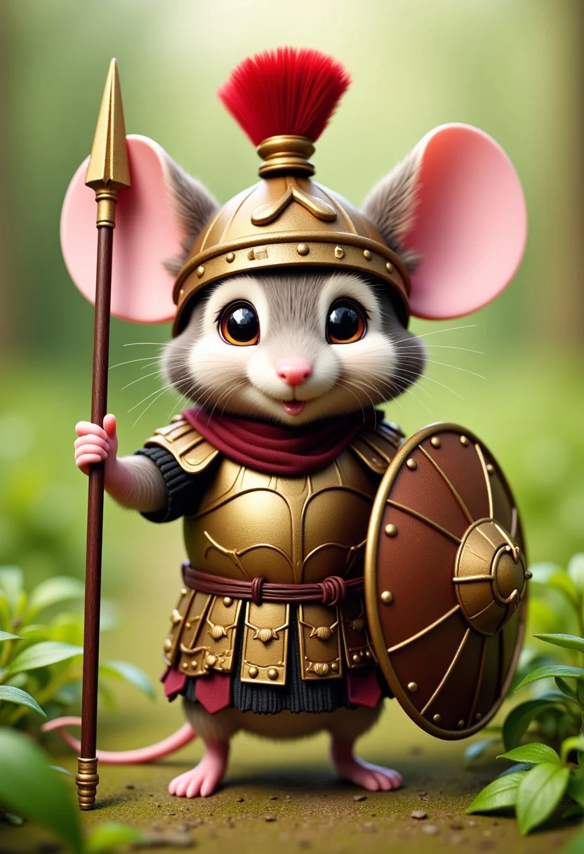 The Mouse Legionary is a tiny, brave rodent clad in its own miniature Roman legionary armor, complete with a bronze chestplate and a small, red-plumed helmet that looks far too big for its little head. The mouse holds a tiny spear, which it drags a little as it walks, and a small, round shield that’s almost the size of its entire body. Its beady eyes gleam with determination, and its whiskers twitch as it stands ready for 'battle.' The Mouse Legionary scurries through the tall grass, its armor making soft clinking sounds as it ‘charges’ at its imaginary enemies, looking both fierce and utterly adorable as it raises its tiny spear in triumph.