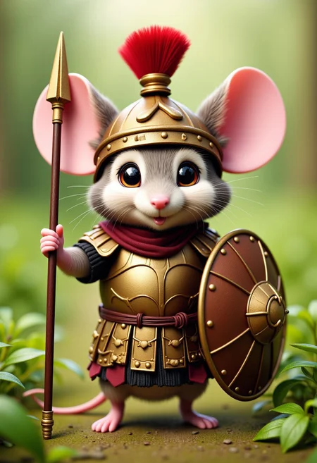 The Mouse Legionary is a tiny, brave rodent clad in its own miniature Roman legionary armor, complete with a bronze chestplate and a small, red-plumed helmet that looks far too big for its little head. The mouse holds a tiny spear, which it drags a little as it walks, and a small, round shield that’s almost the size of its entire body. Its beady eyes gleam with determination, and its whiskers twitch as it stands ready for 'battle.' The Mouse Legionary scurries through the tall grass, its armor making soft clinking sounds as it ‘charges’ at its imaginary enemies, looking both fierce and utterly adorable as it raises its tiny spear in triumph.