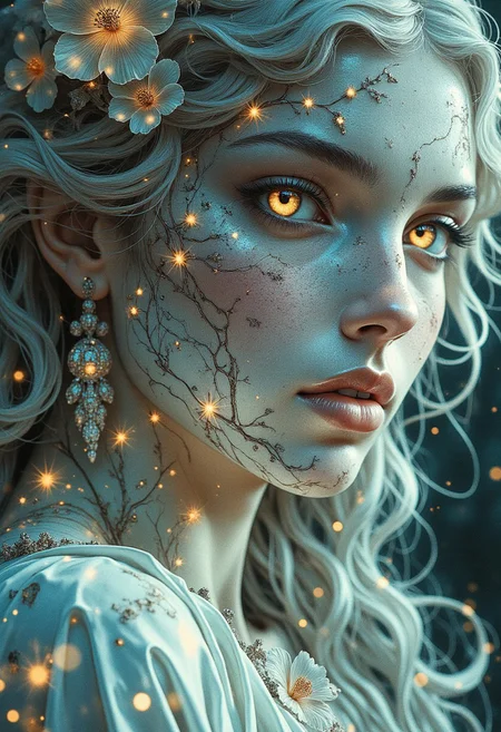 A closeup portrait of an intricately crafted statue of a woman made entirely of engraved crystal and glass, exuding an otherworldly, ethereal beauty that is both haunting and mesmerizing. Her form is impossibly delicate and detailed, every inch of her figure sculpted with meticulous precision and infused with a surreal, mystical presence that captivates the viewer's gaze. Her face and shoulders are illuminated by an internal, ambient glow, casting a soft, celestial light that enhances the haunting, ethereal atmosphere.
Her skin is composed of delicate, engraved blue glass that shimmers with a translucent, icy sheen, giving her an ethereal, ghostly presence. The glass is impossibly smooth and reflective, its luminous surface etched with intricate, flowing patterns that curve gracefully along her delicate features. The delicate engravings are impossibly fine, swirling across her cheeks and forehead in hypnotic, spiraling designs that resemble ancient celestial symbols or cosmic constellations. The flowing patterns reflect the soft, ambient glow, creating delicate, shimmering highlights that dance across her glassy skin, enhancing her otherworldly, spectral allure.
Shards of crystal are intricately woven into her hair, their sharp, angular facets glistening with an iridescent, celestial light. Her hair is impossibly delicate and flowing, crafted from fine strands of transparent glass that ripple and twist in graceful, fluid waves, as if caught in a gentle, supernatural breeze. The glass strands are impossibly light and flowing, cascading down her shoulders and curling around her delicate neck, blending seamlessly into the flowing layers of her ornate gown. The shards of crystal woven through her hair catch the ambient glow, reflecting vibrant hues of blue, green, and yellow that shimmer and flicker as the light shifts, enhancing her celestial, otherworldly beauty.
Her eyes gleam with a bluish, otherworldly light that radiates from within, their luminous depths swirling with ethereal, celestial energy. The glowing orbs are impossibly vivid and hypnotic, their shimmering light reflecting the vibrant colors that splash dynamically around her. Her gaze is intense and captivating, her glowing eyes fixed intently on the viewer with an unblinking, mesmerizing stare that conveys a sense of ancient wisdom and serene grace. Her glowing eyes are impossibly deep and mysterious, reflecting the swirling colors and celestial light that envelop her form, enhancing her haunting, ethereal beauty.
She wears a majestic, wind-blown ornate gown crafted from delicate layers of flowing glass and shimmering crystal that swirl gracefully around her slender form. The gown is impossibly light and ethereal, its translucent layers rippling and billowing in delicate, fluid waves as they catch the ambient glow. The flowing fabric is adorned with intricate patterns of swirling vines and blooming flowers, meticulously engraved with fine detail that reflects the celestial light with delicate, shimmering highlights. The crystal flowers are delicate and impossibly lifelike, their translucent petals glowing softly with vibrant hues of blue and green, enhancing the celestial, otherworldly ambiance.
The ornate gown clings to her delicate figure, tracing every curve with elegant, flowing lines that enhance her ethereal, angelic presence. The fabric is impossibly delicate and weightless, blending seamlessly into the swirling tendrils of light and color that envelop her form, creating a surreal, dreamlike composition. The flowing layers of glass ripple gracefully around her shoulders and cascade downward in billowing arcs, their delicate, fluid movements enhancing her celestial, spectral allure.
Her face is hauntingly beautiful and impossibly delicate, sculpted with graceful, flowing lines that capture her serene, angelic presence. Her delicate features are impossibly smooth and symmetrical, reflecting the ambient glow with a flawless, glassy sheen. Her face is impossibly serene, her expression calm and composed as she gazes intently at the viewer with a subtle, enigmatic smile that conveys a sense of quiet wisdom and ancient mystery. Her delicate, sculpted lips are softly curved, their gentle, graceful lines enhancing her serene, ethereal beauty.
Her delicate shoulders are illuminated by the soft, ambient glow that radiates from within her translucent form, creating a delicate, celestial halo that enhances her divine, angelic presence. The flowing layers of her ornate gown blend seamlessly into the ambient glow, enhancing the fluid, harmonious composition. Her delicate, flowing curls of glass blend into the swirling colors that envelop her form, creating a surreal, dreamlike ambiance that enhances her haunting, ethereal beauty.
She is encased in a giant crystal that radiates with otherworldly energy, its luminous surfaces shimmering with vibrant hues of blue, green, and yellow that reflect the swirling colors that envelop her form. The giant crystal is intricately detailed, its angular facets reflecting the ambient glow with dazzling highlights that shimmer and flicker with celestial light. The glowing crystal casts elongated, flowing reflections across her delicate form, enhancing her celestial, otherworldly presence.
An abstract explosion of vibrant colors—blue, green, and yellow—splashes dynamically around her, swirling in fluid, hypnotic patterns that create a dramatic vignette effect. The swirling colors are impossibly vivid and dynamic, their flowing lines twisting and curling around her form in graceful, harmonious arcs that enhance the fluid, ethereal composition. The vibrant hues blend seamlessly into the ambient glow, creating a surreal, dreamlike atmosphere that envelops her delicate form in celestial light and swirling energy.
The vibrant colors are impossibly vivid and luminous, their delicate gradients blending seamlessly into one another as they swirl and twist around her. The swirling colors are dynamic and fluid, their flowing lines creating a hypnotic, mesmerizing effect that enhances the celestial, otherworldly ambiance. The abstract explosion of colors envelops her delicate, translucent form, enhancing her haunting, ethereal beauty.
The glowing crystal, swirling colors, and ethereal light create a surreal, dreamlike composition that captures the haunting, celestial beauty of the intricate statue. The vibrant colors, delicate flowing lines, and glowing, otherworldly energy enhance her divine, angelic presence, capturing the haunting, ethereal beauty of the intricate statue of the woman made of engraved crystal and glass.
This closeup portrait masterfully captures the intricate, ethereal beauty of the celestial statue, blending flowing, organic lines with vibrant, glowing colors to create a surreal, dreamlike composition that exudes otherworldly grace and divine beauty. Every detail, from the delicate engravings on her glassy skin to the swirling colors that envelop her form, contributes to the mystical, poetic narrative of celestial beauty, haunting mystery, and ethereal transcendence.
