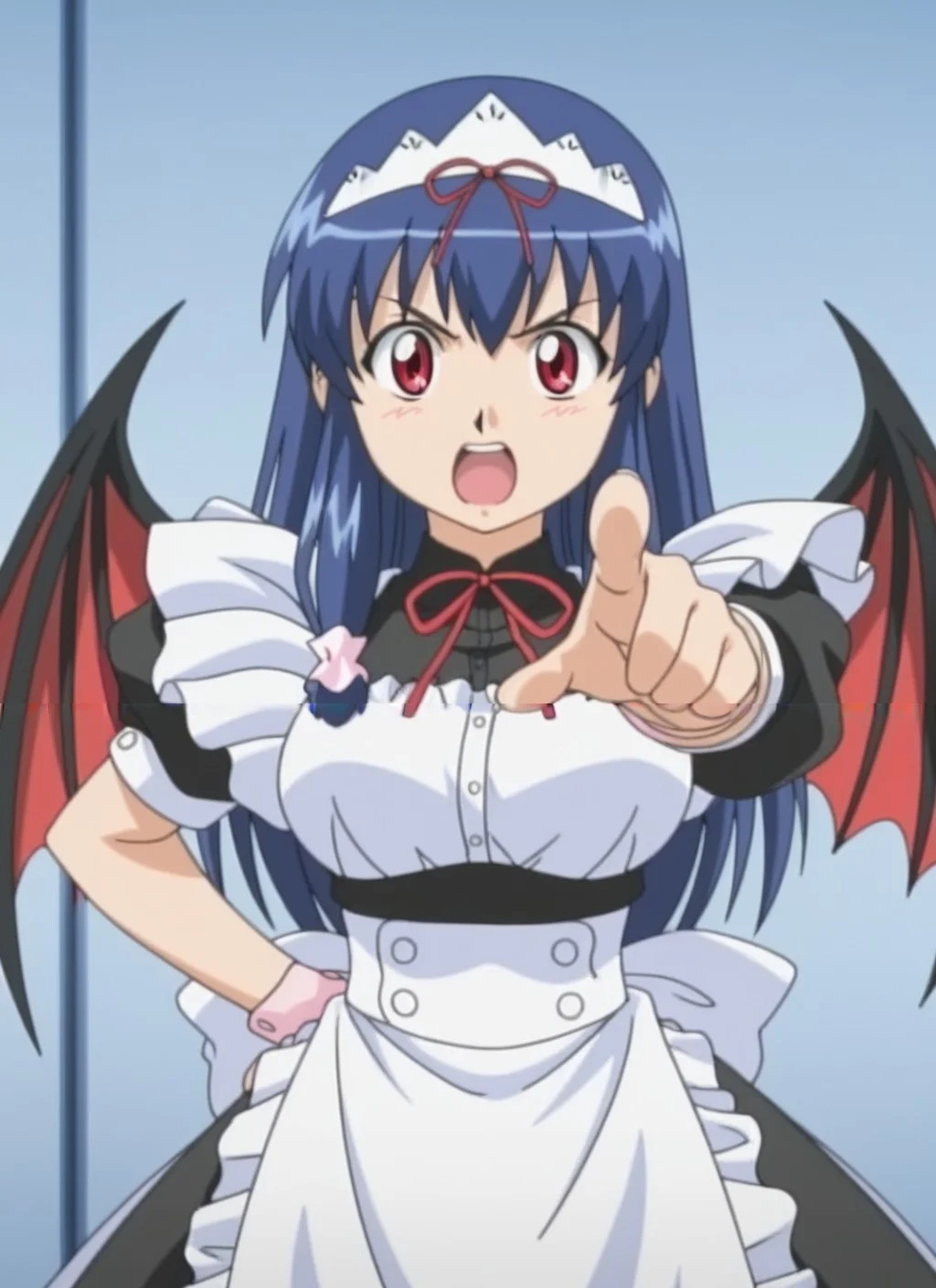 <lora:Misty-MayIllustrious_from_Jiburiru_The_Devil_Angel:1>,anime screencap,anime coloring,looking_at_viewer,maid dress,cowboy_shot,pointing at viewer,demon wings,misty-may