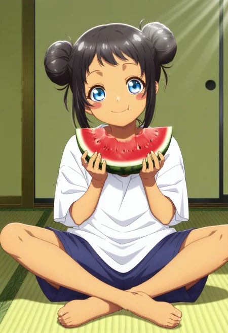 masterpiece, best quality,  absurdres, highres, cinematic light, 1girl, solo, <lora:hina_kyan:1> kyan_wz, black hair, blue eyes, blush stickers, dark skin, dark-skinned female, oversized clothes, oversized shirt, short sleeves, two-tone shirt, red shirt, white shirt, blue shorts, double bun,  sitting, butterfly sitting, eating, watermelon, smile, looking at viewer, indoors, tatami, sunlight,  <lora:anime_screencap-Illustrious_1064755:1> anime screencap, anime coloring