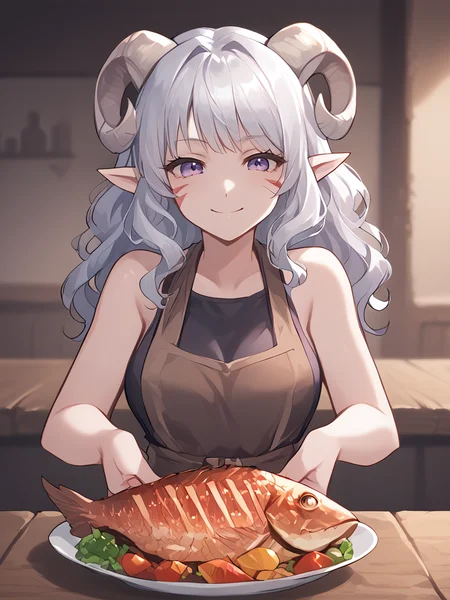 1girl, solo, source_furry, score_7_up, rating_safe, source_anime, anime face, <lora:whisker_markings:0.8>red whisker_markings, silver long wavy hair, short pointy ears, purple eyes, <lora:age_slider_v4:0.6>
<lora:Test_Diana:0.8> tiefling_bard_diana, open eyes,
<lora:Smooth Style 2 SDXL_LoRA_Pony Diffusion V6 XL:0.3> smile, <lora:INKxXmo shaded face:0.4> Shaded FaceINKxXmo Dark Theme, cowboy shot, <lora:Assume_the_position:0.8> 
sleeveless, shirt:1.2, apron,  <lora:Grilled_fish:1> , grilled fish:1.2, skewer:1.2,  , folk, knife, holding, food, tavern