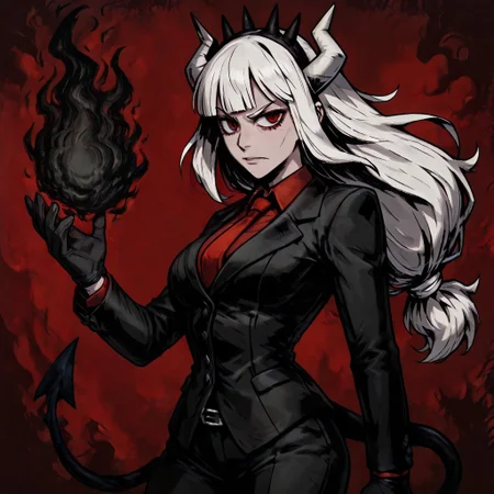 masterpiece, best quality, newest, absurdres, highres, TTCSV1.0, A/BFV1.0, black fire, fire, flame 1girl, lucifer (helltaker), black suit, red necktie, black collared shirt, black gloves, blunt bangs, demon horns, demon girl, demon tail, red eyes, white hair, long hair
