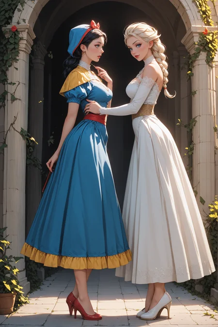 score_9, score_8_up, score_7_up,  2girls, 1girl (Snow White) and 1girl (Elsa), side view, (full bodies in view)