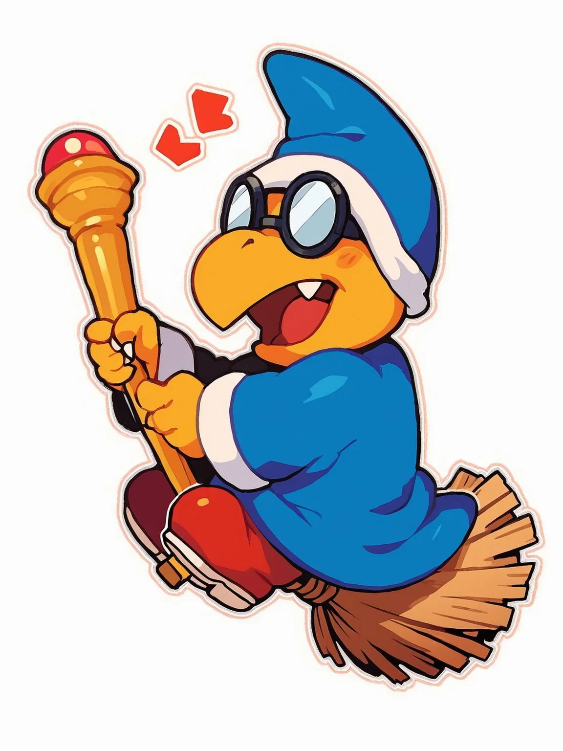 score_9,score_8,score_7,source_furry,kamek_smb,
<solo:1.5>,
<1boy:1.5>,
<white background:1.5>,
<simple background:1.5>,
hat, solo, fang, broom, white background, simple background, outline, open mouth, full body, blue headwear, holding, smile, sitting, staff, paper_kamek, 2d, goggles,
<lora:Kamek_SMB_Pony_SDXL:1> kamek_smb