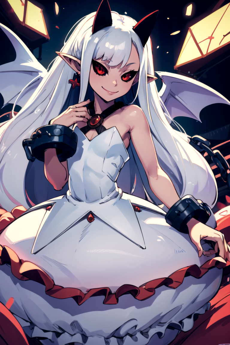 ((masterpiece,best quality)), absurdres,
<lora:Pram_Phantom_Kingdom_Anime_Dim32:0.8>, Pram_Phantom_Kingdom, 
1girl, solo, long white hair, horns, pointy ears, red eyes, black sclera, jewelry, dress, bubble skirt, earrings, chain, bat wings, albino, shackles, very long hair,
solo, smiling, looking at viewer, cowboy shot, , 
cinematic composition, dynamic pose,