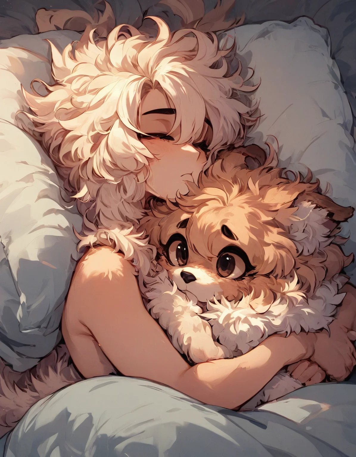 score_9, score_8_up, score_7_up, fluffy furry dog, BREAK, hugs a ((bald, bare skin (sphinx cat:1.5)), cuddles, pillow, winter