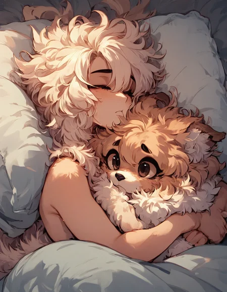 score_9, score_8_up, score_7_up, fluffy furry dog, BREAK, hugs a ((bald, bare skin (sphinx cat:1.5)), cuddles, pillow, winter