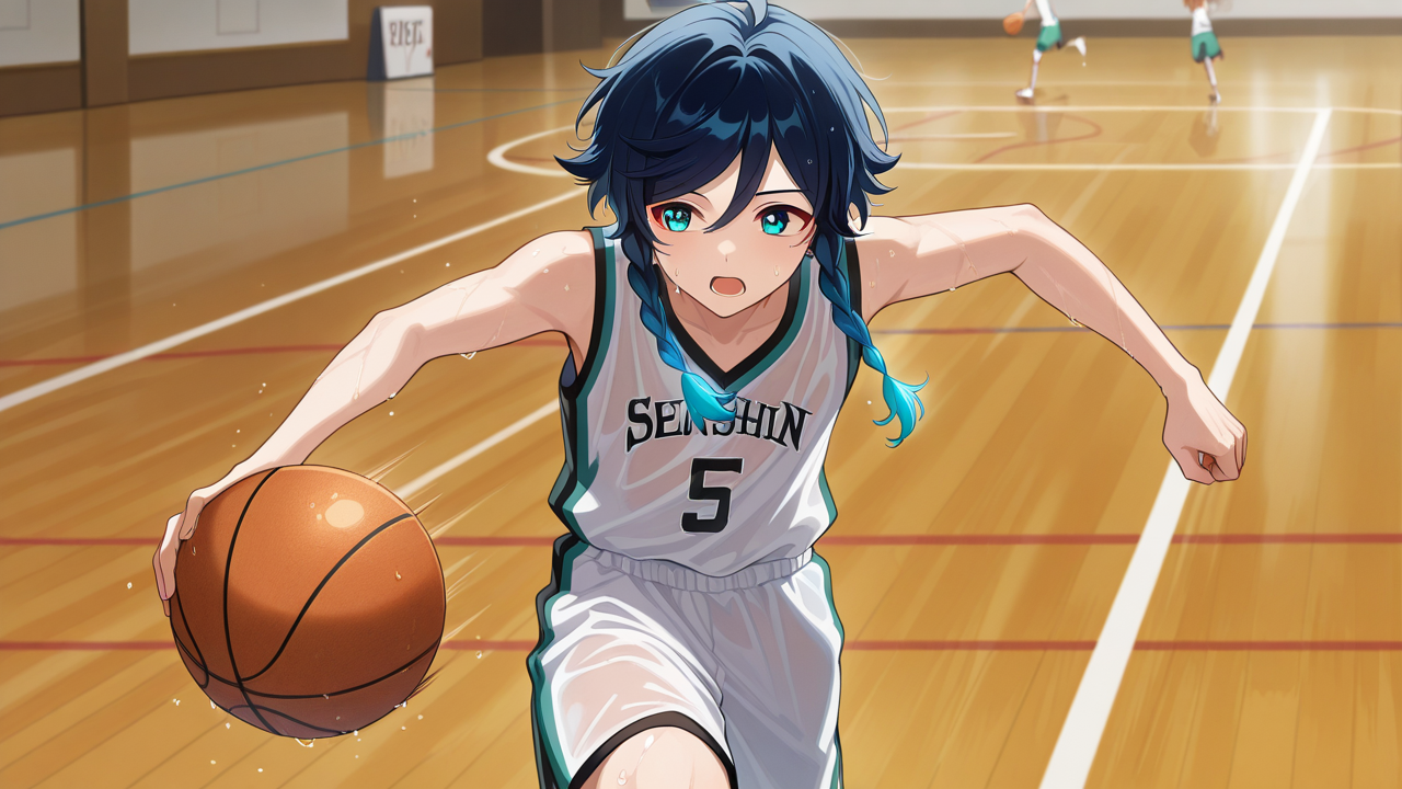 solo,, masterpiece, best quality, amazing quality, very aesthetic, absurdres, newest, anime screencap, <lora:ventiILM:1>, venti (genshin impact), short hair with long locks, aqua hair, green eyes, aqua eyes, blue hair, black hair, braid, gradient hair, twin braids, side braids, hair between eyes, androgynous,, see-through, basketball, basketball uniform, basketball (object), basketball shorts, ball, sportswear, dribbling (basketball), sweat, wet, sweatdrop, fast action, basketball court, open mouth, running, looking away, dribbling, speed lines, dynamic pose,