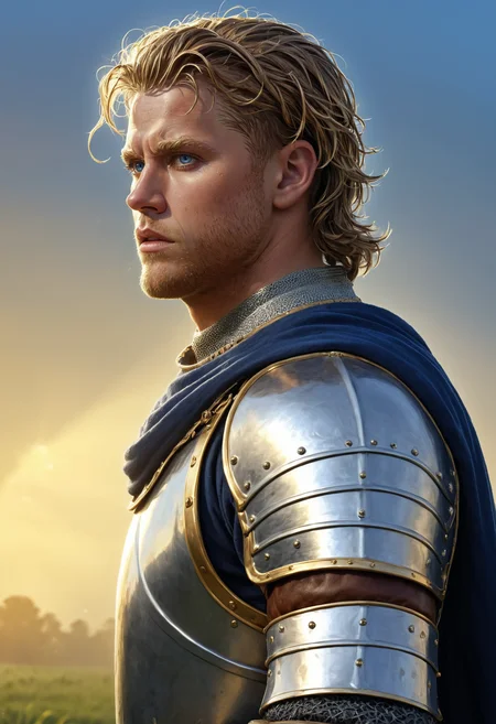 <lora:patrick_henning_sdxl_v1:0.8> patrickhenning as a knight-in-training with styled hair, standing on the edge of a misty training field at dawn, wearing lightweight silver and leather armor over a deep blue tunic, sunlight catching his face, semi-realistic fantasy style, photorealistic lighting, soft fog in the background, golden hour lighting, fantasy realism, detailed environment, photorealistic style, cinematic fantasy lighting, highly detailed, artistic fantasy style, extremely high quality image, HDR, fantasy, photo Centered in Perfect Composition, Complex Details Showing Unique and Enchanting Elements, Very Detailed Digital Painting, Golden Ratio, Dramatic Lighting, Very Realistic,