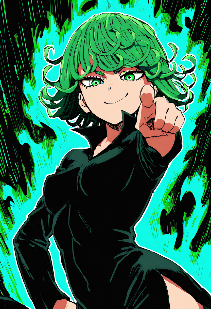 masterpiece, best quality, medium breasts, (curvy),    zzTatsumaki, green eyes, green hair, black dress, glowing, green glow, aura, energy, smile, smug, pointing at viewer, foreshortening,  aura,    abstract background, white outline,  upper body,   <lora:TatsumakiNAI:1.0>,,