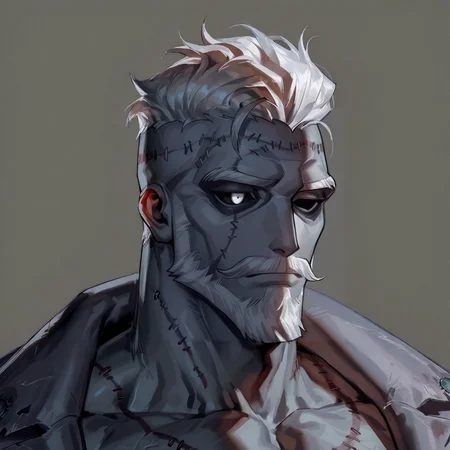 <lora:percy__Identity_V-000006:1>  percy (Identity V), black sclera, White Eyes, White hair, white beard, Gray skin, stitched face,
(very short hair, beard, bara, mature, facial hair, stubble, beard, full beard, sideburn, beard, a lot of beard, ), facial hair,male focus, muscular male, muscular male, bara, mature,  bara, mature, aixiwuganda_(20222192), very awa, masterpiece, best quality, absurdres, newest, perfect quality, detailed background, intricate details,
<lora:slider_Body Type_alpha1.0_rank4_noxattn_last:3><lora:style_Anime Summer Days 2 Style SDXL_LoRA_Pony Diffusion V6 XL:.6><lora:slider_cfg_scale_boost:.7><lora:Artist6p:.55>, Artist6p, Artist04p,<lora:slider_il_brightness_slider_d1:-1><lora:slider_il_contrast_slider_d1:-1><lora:slider_DarkSlider1.2_alpha1.0_rank16_full_300steps:-.6>
