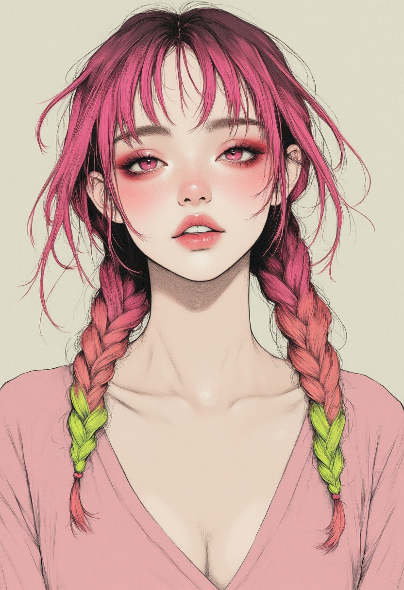 MoodyGirls, Japanese girl with pink eye makeup and a messy magenta and lime green single braid hair,smiling widely, rosy cheeks, ivory skin, showing alot cleavage, wearing an unbuttoned pastel pink blouse