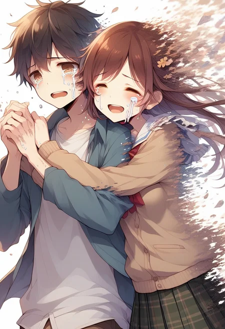 score_9, score_8_up, score_7_up, source anime, dissolving, disintegration, 1girl, 1boy, brown hair, tears, hug, long hair, closed eyes, open mouth, smile, short hair, skirt, crying, brown eyes, school uniform, blush, jacket, shirt, hetero, plaid skirt, happy tears, plaid, white shirt, cardigan, long sleeves, couple, happy, :d, black hair, pleated skirt, <lora:dissolving-xl-pony-v2-000008:1.2>,