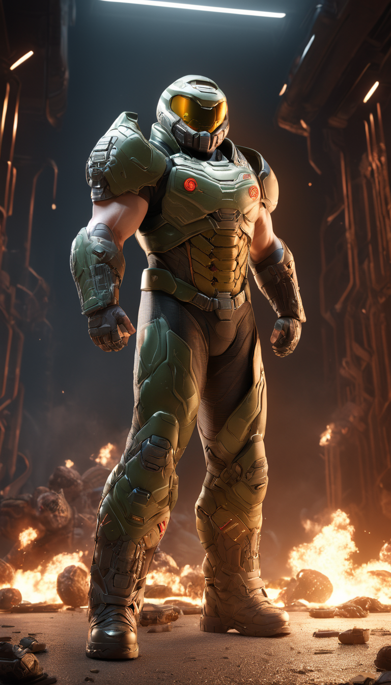 professional 3d model Cinematic scene, hero view, Doomguy, action pose, detailed background, masterpiece, best quality, high quality, highres, absurdres <lora:doomguy_xl_v1:1> . octane render, highly detailed, volumetric, dramatic lighting