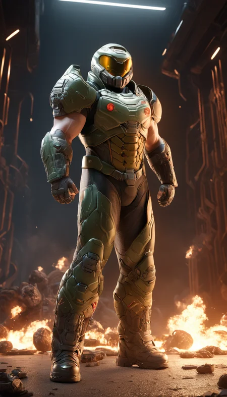 professional 3d model Cinematic scene, hero view, Doomguy, action pose, detailed background, masterpiece, best quality, high quality, highres, absurdres <lora:doomguy_xl_v1:1> . octane render, highly detailed, volumetric, dramatic lighting