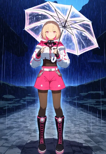 masterpiece, high score, great score, absurdres, V4NGU4RD, 1girl, umbrella, rain, solo, blonde hair, shorts, boots, fingerless gloves, pantyhose, gloves, holding, holding umbrella, outdoors, black footwear, looking at viewer, standing, pink shorts, cross-laced footwear, full body, short hair, long sleeves, fishnets, knee boots, lace-up boots, pink eyes, bangs, jewelry, smile, transparent umbrella, hair bun, bolero, techwear,, vanguard helmet , outdoors, Neon, glowing , straps , expressive eyes, perfect face,